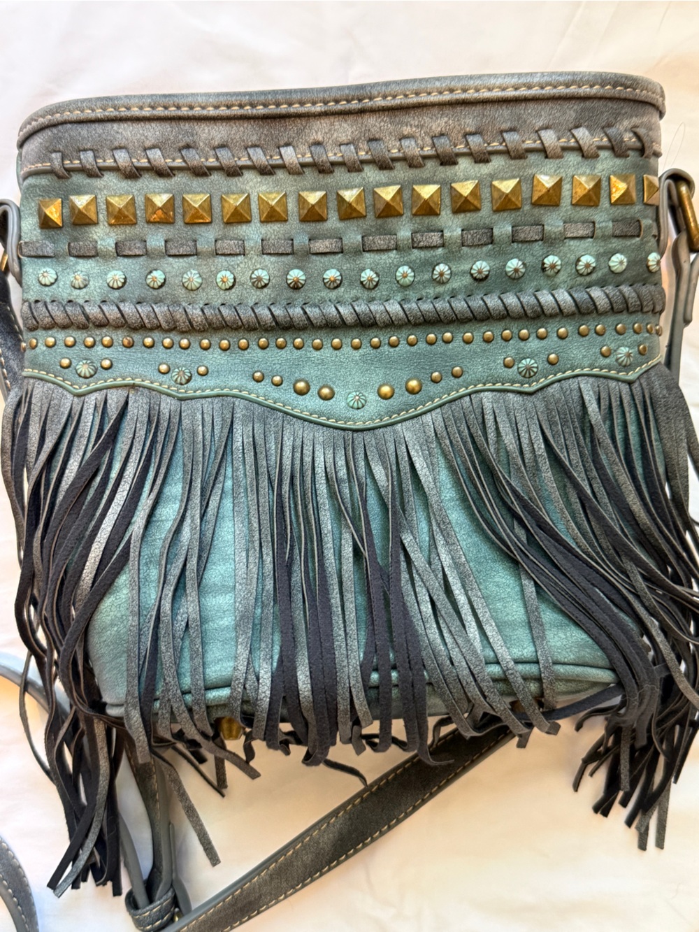 Montana West Fringed Teal Crossbody Bag with Studded Detail